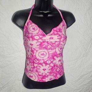 Vintage y2k pink floral tropical whimsical halter swim top